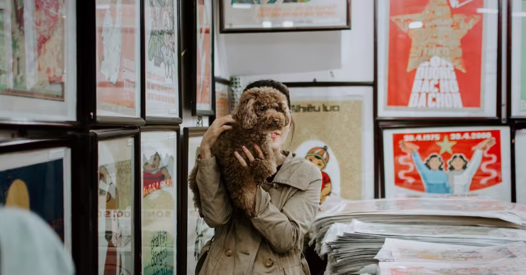 プードルを抱き上げている女性
