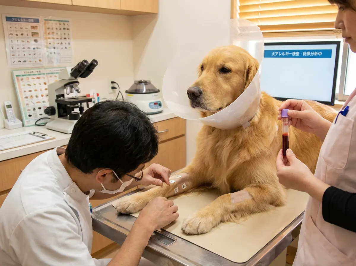 病院でアレルギー検査を受ける犬