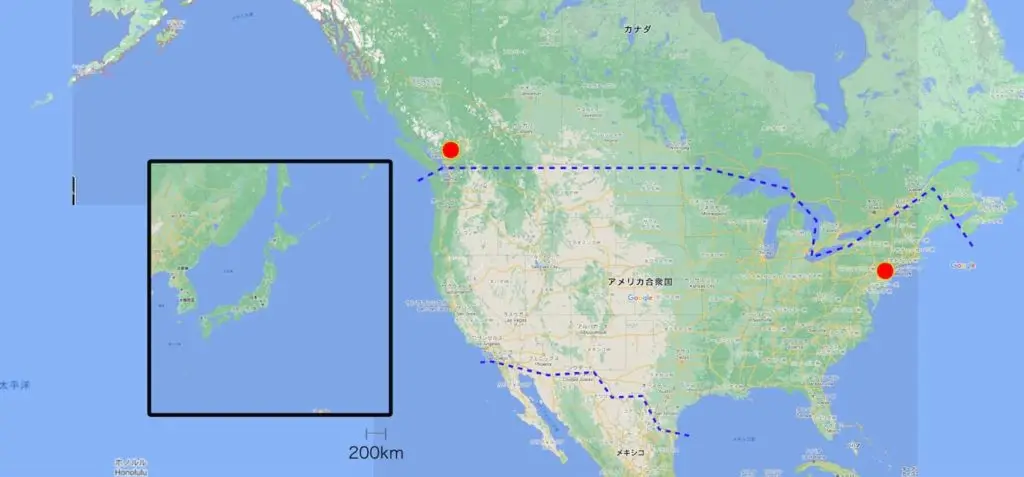 地図で見るニューヨークとバンクーバーの位置と距離の比較