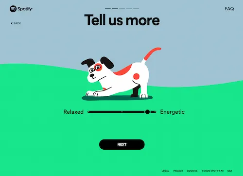 「Tell us more」　ペットの性格をスライダーで調節する画面