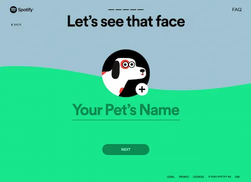 「Let's see that face」ペットの名前と画像を設定する画面