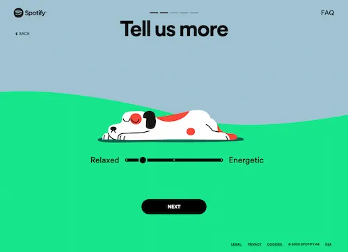 「Tell us more」　ペットの性格を落ち着いたタイプにした時の画面